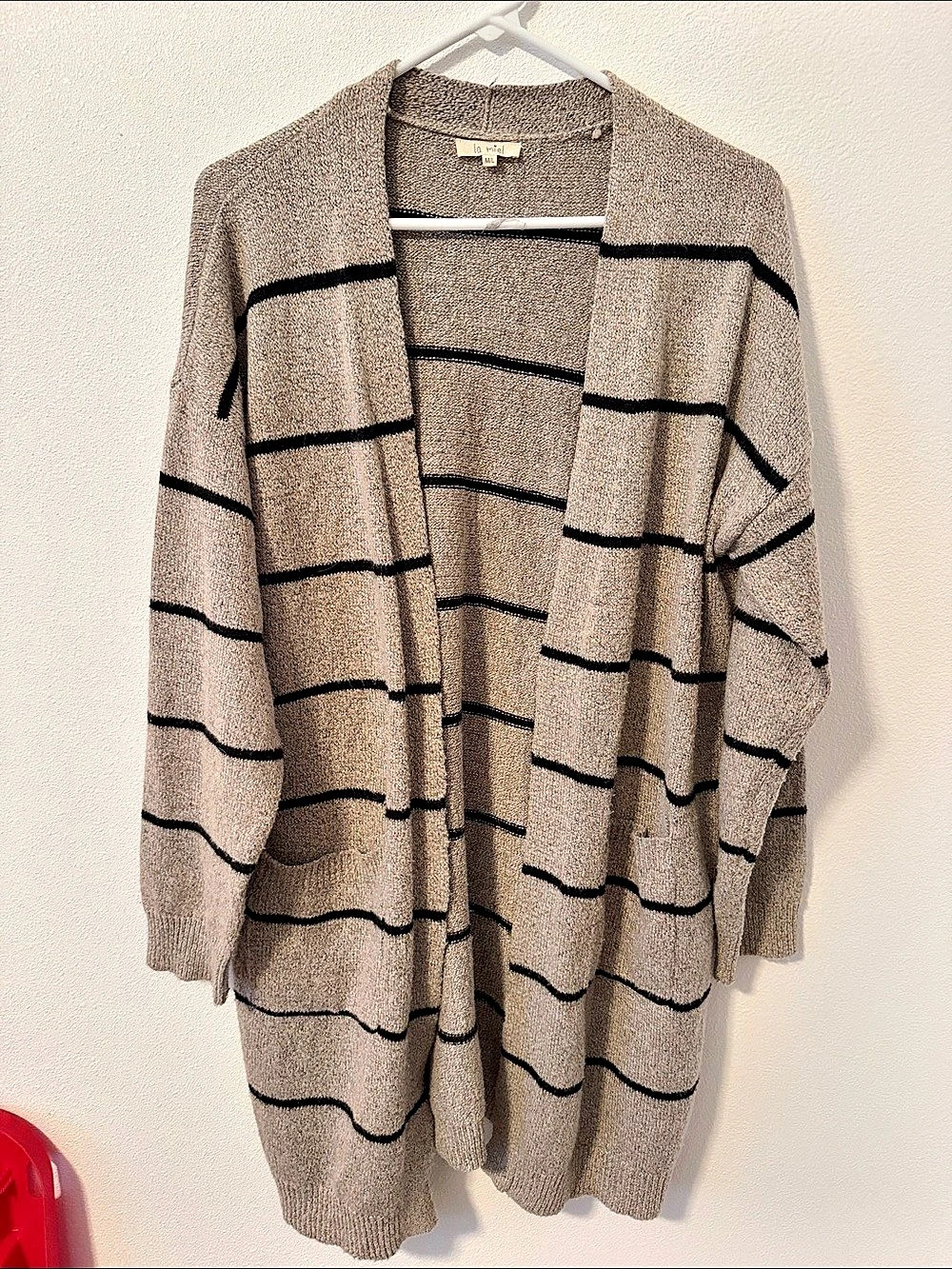la miel Striped Open Front Cardigan cream Gray & Black M/L